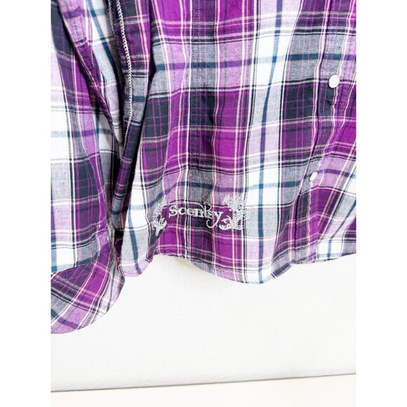 Scentsy 3XL Urban Cowgirl Plaid Pearl Snap Shirt Embroidered Logo Purple Blk EUC - Picture 3 of 5